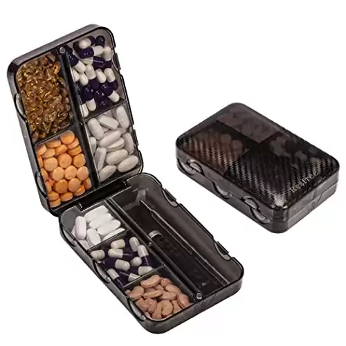 Restree Travel Pill Organizer, Weekly Pill Box, Portable Pill Dispenser, Large Daily Pill Case for Vitamin, Medicine, Fish Oil/Supplements Flip Design 8 Compartments (Black)