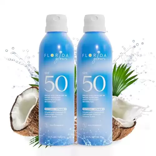 Florida Glow SPF 50 Sunscreen Spray- Hawaii 104 Reef Act & Florida Keys Compliant Broad Spectrum Water Resistant Sport Sun screen - Child Friendly PABA Free & Oxybenzone Free (5.5 Fl Oz 2-pack...