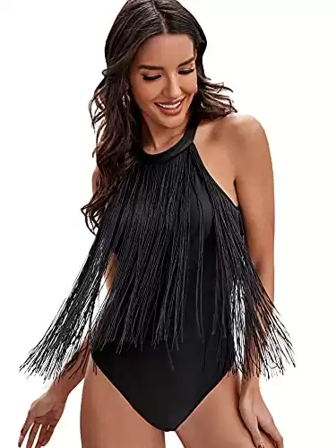 Verdusa Women's Fringe Trim Sleeveless Bodycon Halter Bodysuit Top Black L