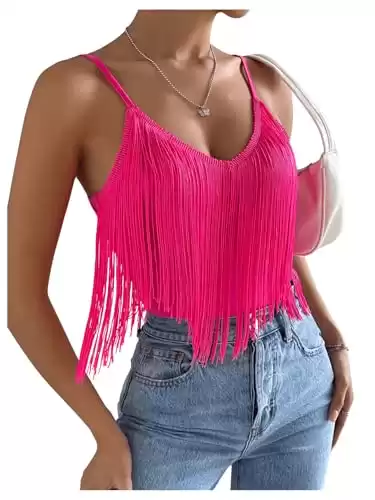 SweatyRocks Women's Fringe Sleeveless Boho Tassel Tank Top Slim Fit Cami Summer Tops Hot Pink L