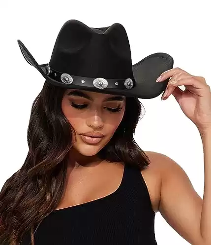 Eohak Womens Western Cowboy Hats Studded Pinched Western Cowgirl Hats Wide Brim Fedoras Hat with Belt Buckle (Size:Medium) Black