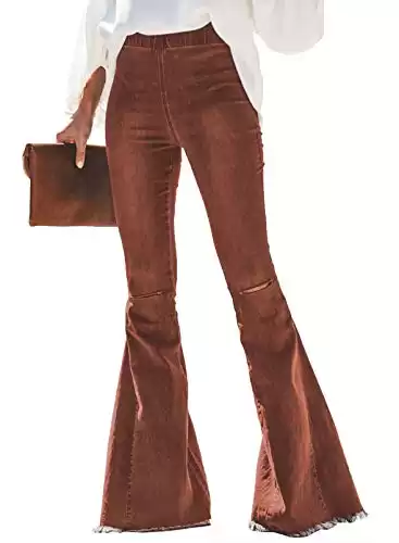 Sidefeel Women's High Waisted Destroyed Flared Jeans Elastic Waist Bell Bottom Raw Hem Denim Pants Bootcut Brown Size 12