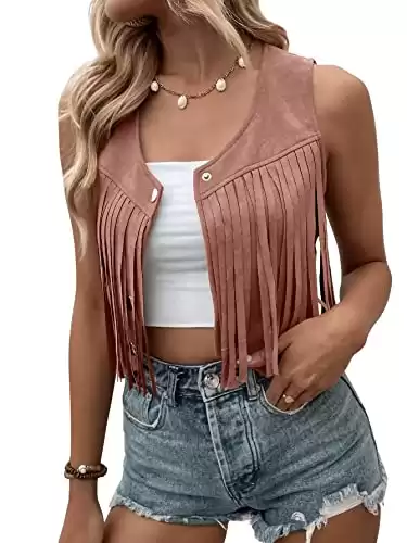 SweatyRocks Women's Suede Fringe Trim Sleeveless Crop Vest Jacket Button Front Coat Dusty Pink S