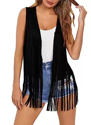 Dokotoo Womens 2025 Spring Summer Outfits 70s Hippie Concert Outfits Vintage Western Cowgirl Cute Fringe Vest Tops Leather Tassel Night Out Club 60th Birthday Party Jackets Clothes Black Large