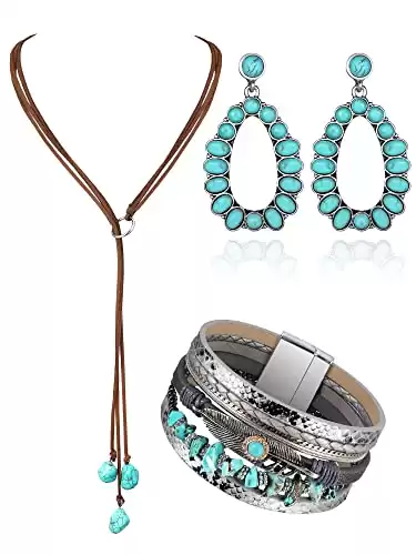 Inbagi 3 Pcs Western Jewelry for Women Bohemian Set, Boho Pendant Long Choker, Faux Leather Layered Bracelet, Dangle Earrings(Elegant Style)