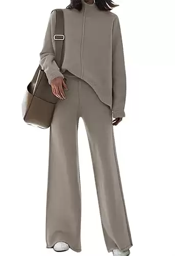 Viottiset Women's 2 Piece Outfits Sweater Set Wide Leg Pants High Neck Sweatsuit Loungewear