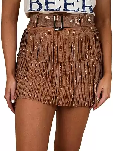 ChiyeeKiss Womens Sparkle Rhinestone Fringe Skirt Elastic Waistband Short Mini Dress with Adjustable and Removable Belt(0002-Brown-XL)