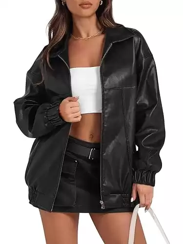 Yousify Womens Leather Jacket Oversized Faux Casual Zip Up Bomber Motorcycle Jackect Trendy Fall Winter Clothes S-XXL