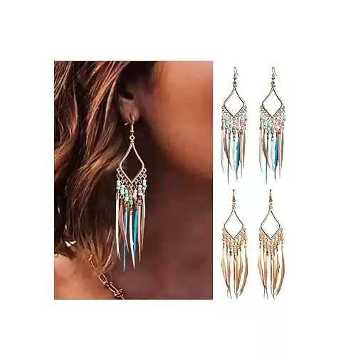 Bead Earrings Set Feather Tassel Gold Boho Ethnic Retro Bohemian Dangle Earring Bead Women Jewelry for Birthday Party Gifts