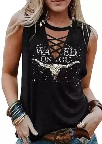 Wasted On You Steer Skull Criss-Cross Hollow Out Tank Tops Women Western Cowboy Rodeo Shirt Tops Country Music Tank Tops