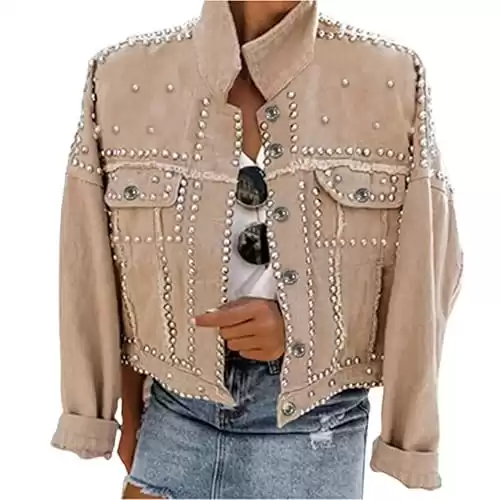 PUWEI Dressy Rivet Studded White Cropped Jean Jacket Women Western Distressed Washed Denim Coat