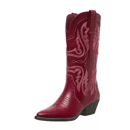 Cowboy Boots for Women Cowgirl Mid Calf Western Boots Embroidered Stitched Pointed Toe Chunky Block Heel Brown Red Black US5-11