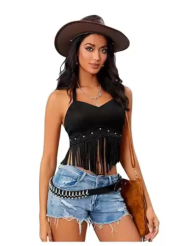 Women's Y2K Fringe Halter Top Western Cowgirl Tie Tank Top Tassel Rivet Faux Suede Hippie Crop Top 70s 60s Vintage