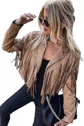 chouyatou Women's Fashion Notched Collar Open-Front Fringed Performance Moto Faux Suede Leather Crop Jacket Coat