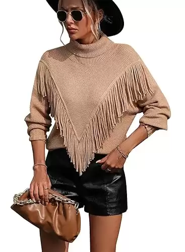 yoeasy Women's Fringe Trim Turtleneck Long Seeve Sweater Knit Loose Pullover Sweater