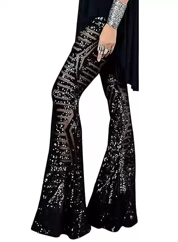 BLENCOT Women's Glitter Sequin Wide Leg Palazzo Pants High Waist Bell Bottoms Party Flared Trousers