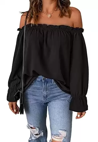 Women's Off Shoulder Top Ruffle Long Sleeve Chiffon Blouse Casual Loose Shirts