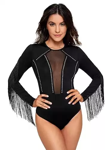 SweatyRocks Women's Round Neck Fringe Long Sleeve Sheer Mesh Cowgirl Bodysuit