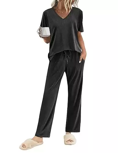 Ekouaer Womens Ribbed Knit Lounge Set Short Sleeve Top and Long Pants Sleepwear Pajama Set Two Piece Matching Outfits Set