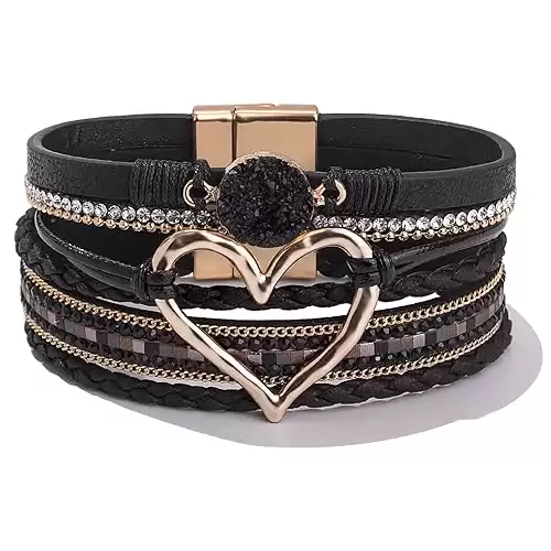 FANCY SHINY Heart Leather Wrap Bracelets Stackable Boho Cuff Bangles Trendy Resin Stone Rhinestone Bracelets with Magnetic Clasp for Women Christmas Gift Jewelry