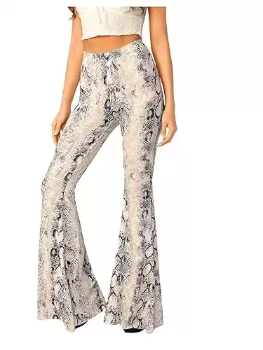 WDIRARA Women's Snakeskin High Waist Casual Flare Bell Bottom Stretch Long Pants