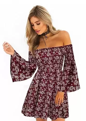 Women's Dress Summer Floral Long Sleeve Off Shoulder Casual Mini Dresses