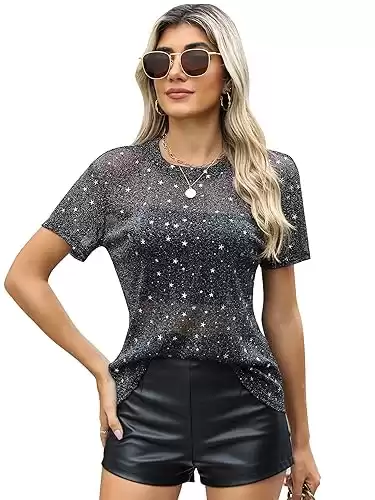 Womens Nashville Mesh Sheer Sparkly Top Glitter Star See Through Tops Tee Shirt Short Sleeve Concert Rave Outfits