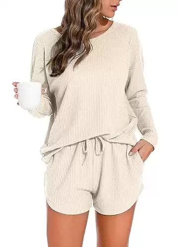 PrinStory Pajamas Set for Women Waffle Knit Lounge Set 2 Piece Outfits Loungewear Sweatsuit with Pockets