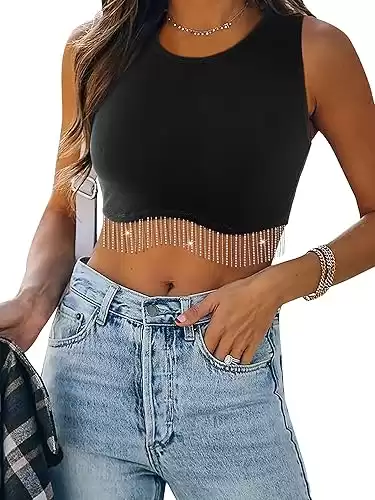 Womens Nashville Sparkly Rhinestone Fringe Sleeveless Crop Tops Y2K Raceback Ribbed Cropped Tank Tops with Glitter Tassel