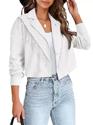 Nlife Womens Corduroy Crop Shirt Jacket Sparkly Rhinestone Fringe Shackets Nashville Concert Outfits Tassel Short Coats