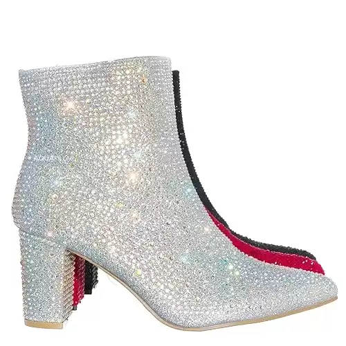 Women Rhinestone Block Chunky Heel Ankle Bootie